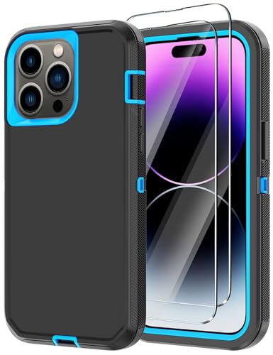 for iPhone 14 Pro Max Case with 2 Screen Protector,Heavy Duty Shockproof Drop Protection Rugged 3-Layer Military Tough Durable Protective Cover for Apple iPhone 14 Pro Max6.7 (Black/Blue) - color: Black/Blue