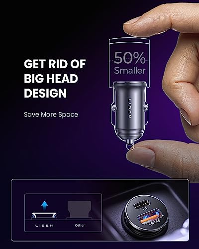 LISEN 48W USB C Car Charger Adapter [2 Pack] [Mini & Metal] Cigarette Lighter USB Charger Fast Charging [PD QC 3.0] USBC Car Phone Charger for iPhone 17 Pro Max Plus 16 Galaxy iPad Silver Kits
