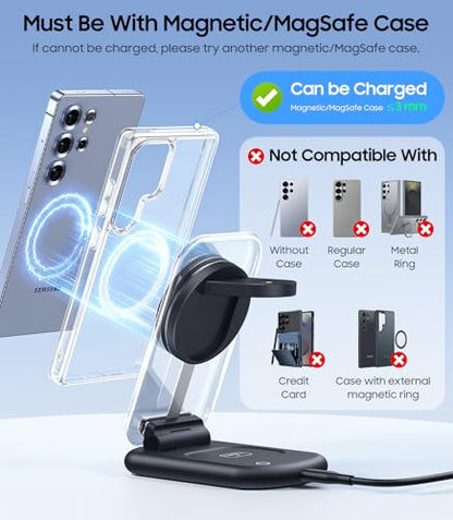 Meifigno 3 in 1 Magnetic Wireless Charging Station for Samsung, Foldable MagSafe Charger Stand with Switchable Night Light for Galaxy S26/S25/Z Fold 7, Watch Charger for Galaxy Watch Ultra 8, for Buds