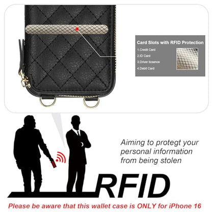 Bocasal Crossbody Wallet Case Card Holder for iPhone 16, Black | RFID Blocking PU Leather Zipper Handbag Purse, Kickstand Flip Folio Case with Card Slots Holder Wrist Strap Lanyard 6.1 Inch - color: Black