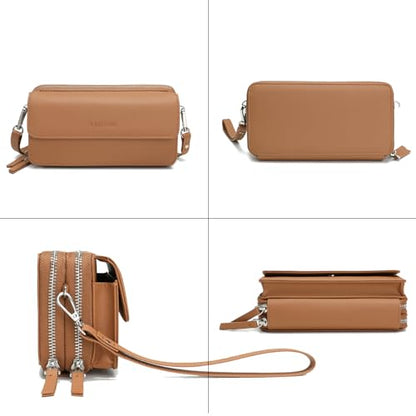 RFID Crossbody Wallet Wristlet Purse with Phone Pocket For Women Vegan Leather - color: Zb-saffiano-brown