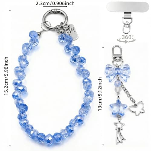 Crystal Beaded Phone Wrist Strap, Cute Cellphone Lanyard Chain, Bow Keychain Wristlet Bag Charms for Women - color: Bow/Blue