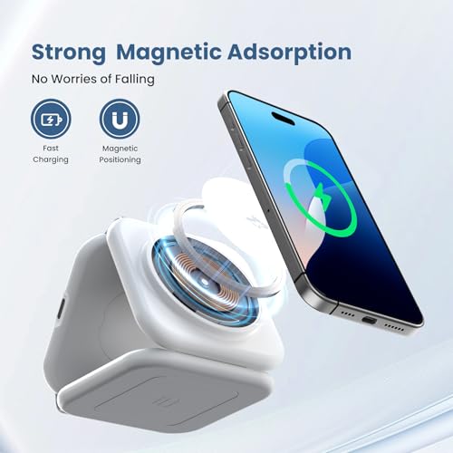 Travel Charger for Multiple Devices: 15W 3-in-1 Foldable Magnetic Wireless Charging Station for MagSafe-Compatible iPhone 17 17e 16 15 14 13 12 Pro Max, Watch & AirPods-Sleek Portable Design, White