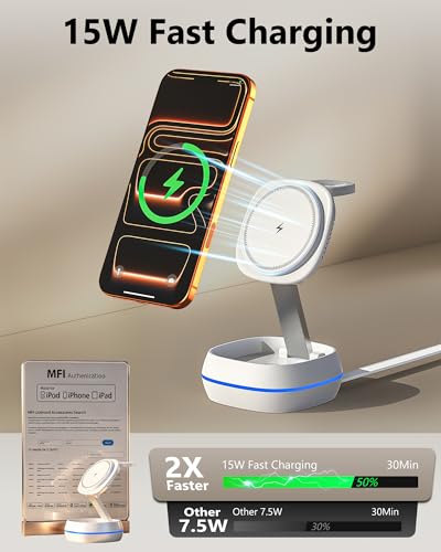 MFI Certified 3 in 1 Magsafe Wireless Charging Station,15W Magsafe Charger,Foldable Travel Charging Magnetic Stand for iPhone 17/16/15/14/13/12 Series,iWatch,Airpods,Built-in Retractable Cable