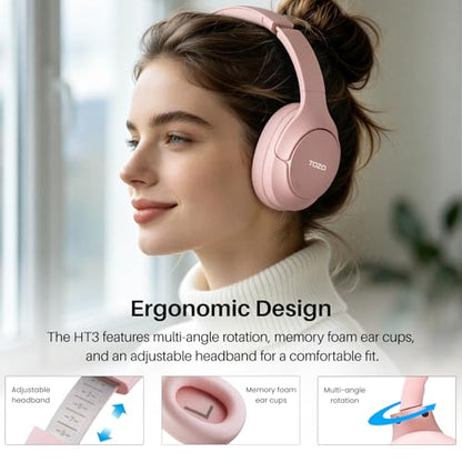 TOZO HT3 Hybrid Noise Cancelling Wireless Headphones, 90H Over Ear Headset - color: Titanium Pink