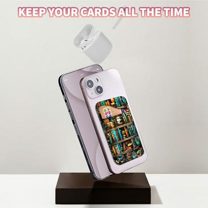 Phone Credit Card Holder Stick on, Phone Case Wallet, Cell Phone Pocket Self Adhesive Stretchy Lycra Stick on Wallet ID Credit Card Case Pouch Sleeve for All Smartphones, Library Books - color: Phone Case Wallet-612