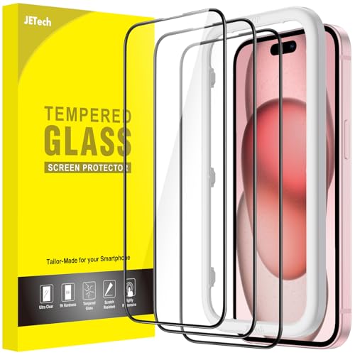 JETech Full-Coverage Screen Protector for iPhone 15, 3-Pack | Black Edge Tempered Glass, Easy Installation Tool, HD Clear, Case-Friendly - size: iPhone 15