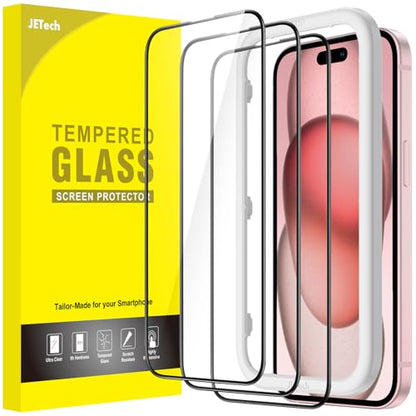 JETech Full-Coverage Screen Protector for iPhone 15, 3-Pack | Black Edge Tempered Glass, Easy Installation Tool, HD Clear, Case-Friendly - size: iPhone 15