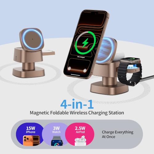 4 in 1 Magnetic Wireless Charging Station,15W Fast Charging with Night Light for MagSafe Charger Stand,3 in 1 Wireless Charger for iPhone 17/16/15/14/13 Pro Max,Apple Watch & AirPods,Sand Gold - color: Sand Gold