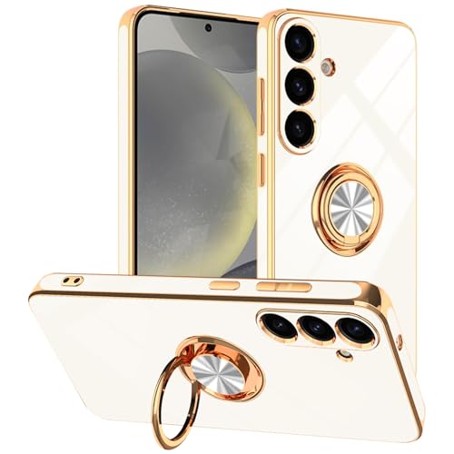White Designed for Samsung Galaxy S25 Case with Ring Stand | Support Magnetic Car Mount, 360° Rotatable Finger Holder, Soft TPU Cover Plating Edge, Protective Slim Kickstand Phone Case - color: White, size: 6.2'' S25