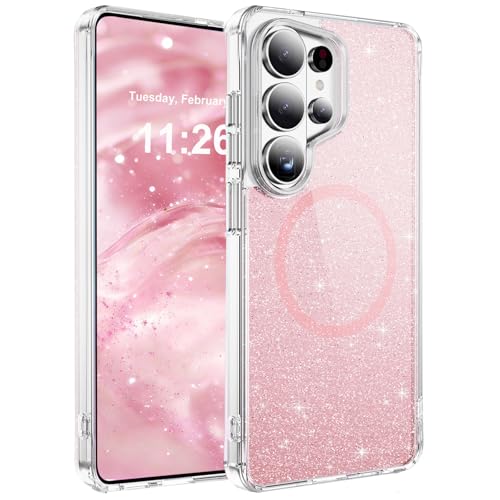 LEMAXELERS Magnetic Glitter Case for Samsung Galaxy S23 Ultra -Pink SF | Clear Crystal Bling Case, Compatible with MagSafe, Shockproof Sparkly Cute Women Girl Cover for Samsung Galaxy S23 Ultra - color: Pink, size: Galaxy S23 Ultra