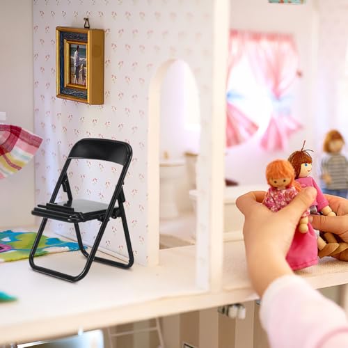 STOBOK 12Pcs Mini Folding Chair Phone Stand, Black Foldable Cell Phone Holder for Desk, Hands-Free Portable Desktop Stand Cute Decor for Smartphone & Tablet - size: 12.5 x 6.5 x 5.4 cm (1:12 Scale)