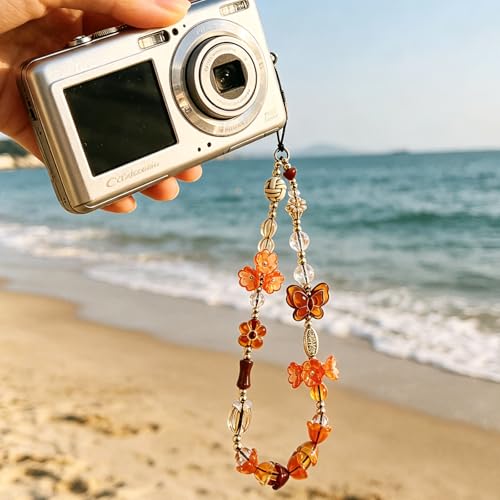 Cute Beaded Camera Wrist Strap for Phone, Digital Camera Charm Lanyard, Pearl Beaded Chain for Bag Keychain Gift - color: Brown Butterfly