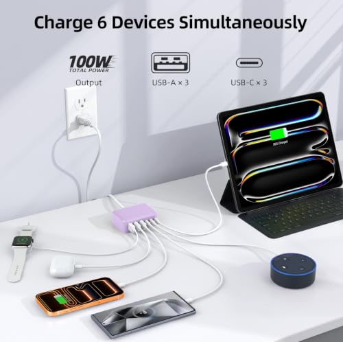 100W 6 in 1 USB Charger, 50% Smaller Charging Station for Multiple Devices - color: Light Purple