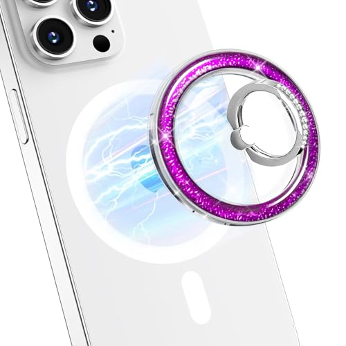 Transparent Shiny Magnetic Phone Ring Holder,360° Rotatable Removable Phone Grip,Clear Purple Sparkle Diamond Stylish Design Compatible with All Phones & Tablets - color: Clear Purple