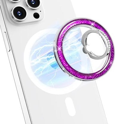 Transparent Shiny Magnetic Phone Ring Holder,360° Rotatable Removable Phone Grip,Clear Purple Sparkle Diamond Stylish Design Compatible with All Phones & Tablets - color: Clear Purple