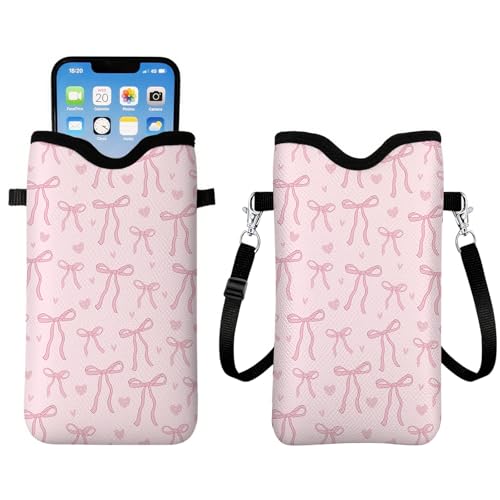 Bow Neoprene Cell Phone Sleeve Pouch Case Bag for Women, Lightweight Sleeve with Crossbody Strap/Neck Lanyard, Crossbody Bags for Girls Bow Phone Bag, 7.1 X 3.9 inch - color: Bow1
