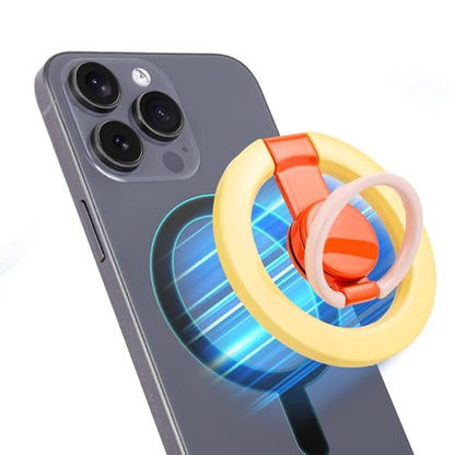 Magnetic Phone Ring Holder with Metal Ring Sticker, Long Grip as Hook, Cell Phone Grip for Hand Removable Finger Holder Compatible for MagSafe Sticker iPhone 17/16/15/14/13/12 Series,Yellow - color: Yellow with Red Center
