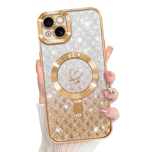 Bonoma Compatible with iPhone 15 Plus Case Heart Glitter Checkered -Gold | Support for MagSafe, Plating Magnetic Case TPU Camera Protection Back Cover for Girls Women - color: Checkered-Gold, size: iPhone 15 Plus