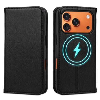 for iPhone 17 Pro 6.3" Wallet Case Card Holder Black | Magsafe Compatible,RFID Blocking,Kickstand,Folio Cover,Genuine Leather - color: Black, size: 6.3" iPhone 17 Pro