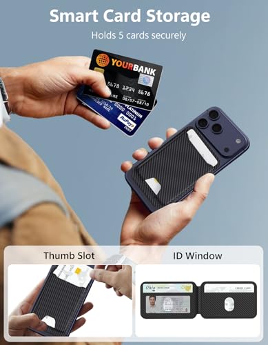 TopMade for MagSafe Wallet with Adjustable Stand, Magnetic Phone Card Holder for iPhone 17/16/15/14/13/12 Series, RFID Blocking Premium Leather, ID Window, Holds 5 Cards, Black Carbon Fiber - color: Black Carbon Fiber
