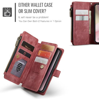 Compatible with iPhone 16e/17e Wallet Case,with Card Holder Kickstand Magnetic Zipper Pocket Lanyard Strap Wristlet,Leather Flip Case Wallet for iPhone 16e/17e 6.1 Inch(Red) - color: Red, size: iPhone 16E/17E 6.1 Inch