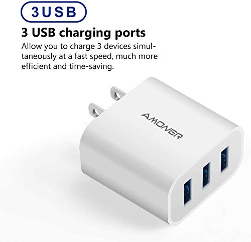 USB Wall Charger, Amoner 2Pack 15W 3-Port USB Charger Block iPhone Cube Charging Blocks for iPhone 14/13/12/11/X/XR/X/8/7/6, Galaxy, Android Phones and More - color: White