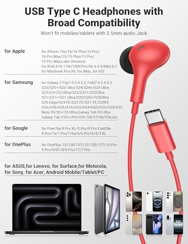 USB C Earbuds with Microphone Cute in Ear Wired Headphone - color: Red Black