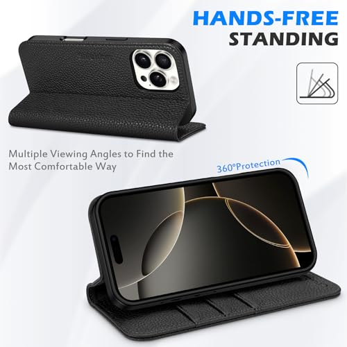 SHIELDON Genuine Leather Wallet Case for iPhone 16 Pro 6.3", Pebbled Black | Magnetic Closure, RFID Blocking, Credit Card Holder, Viewing Stand, Folio Design, Shockproof Protective Cover - color: Pebbled Black