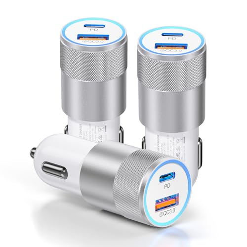 3-Pack Car Charger, Ancekoy 38W Dual Port PD & QC 3.0 Car Phone Charger - color: White, size: 3-Pack