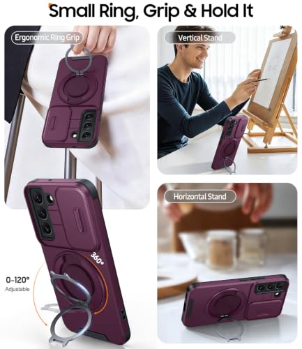 JAME for Samsung Galaxy S22 Case with Ring Stand & Slide Camera Cover - color: Dark Cherry, size: Galaxy S22