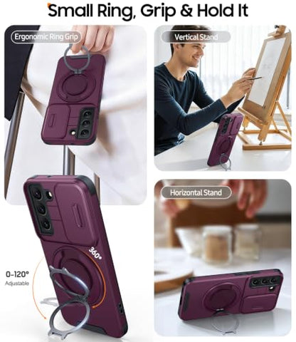 JAME for Samsung Galaxy S22 Case with Ring Stand & Slide Camera Cover - color: Dark Cherry, size: Galaxy S22