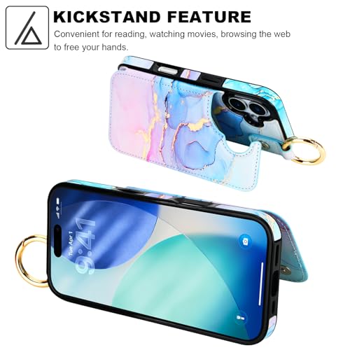 HAOPINSH Wallet Case for iPhone 17 with Card Holder, Pink Blue Marble Print Back Flip Folio PU Leather Kickstand Card Slots Case, Finger Grip Ring Double Magnetic Clasp Shockproof 6.3" - color: Pink Blue Marble Grip Ring