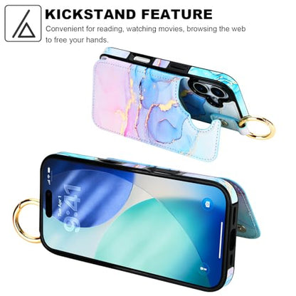 HAOPINSH Wallet Case for iPhone 17 with Card Holder, Pink Blue Marble Print Back Flip Folio PU Leather Kickstand Card Slots Case, Finger Grip Ring Double Magnetic Clasp Shockproof 6.3" - color: Pink Blue Marble Grip Ring