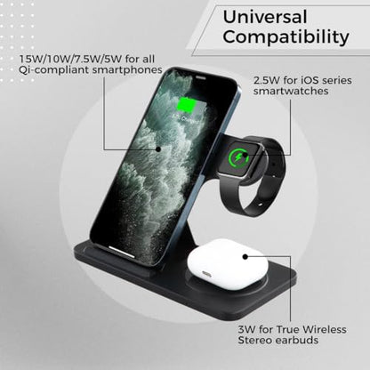 3 in 1 Wireless Charger for Phone, Smartwatch, and Wireless Earbuds, 15W Fast Charging Station, Foldable Stand for Multiple Devices, Portable Multifunctional Docking Station