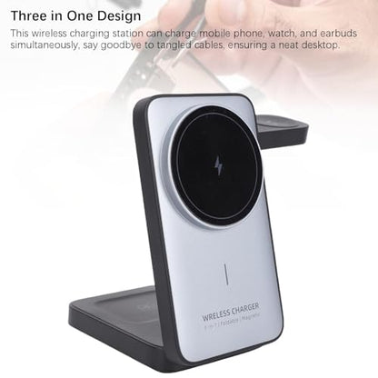 Wireless Charging Station, 3 in 1 Foldable Magnetic Fast Charger Stand for Phone Watch Earbuds, Portable 15W Charging Dock for Travel Office Home Desktop