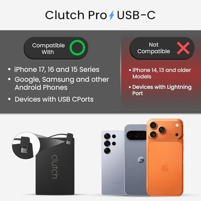 Clutch Pro – World's Thinnest Portable Charger – USB-C Power Bank 5000mAh – Magnetic Built-in Cable – TSA Approved Travel Charger – iPhone 15/16/17 & Android – Black - color: Black