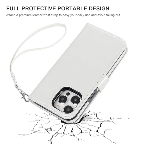 Bocasal Detachable Wallet Case Card Holder for iPhone 15 Pro Max White | RFID Blocking Kickstand Card Slots Holder PU Leather Magnetic Shockproof Wrist Strap Removable Flip Protective Cover 6.7 inch - color: White