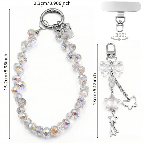 Crystal Beaded Phone Wrist Strap, Cute Cellphone Lanyard Chain, Bow Keychain Wristlet Bag Charms for Women - color: Bow/White
