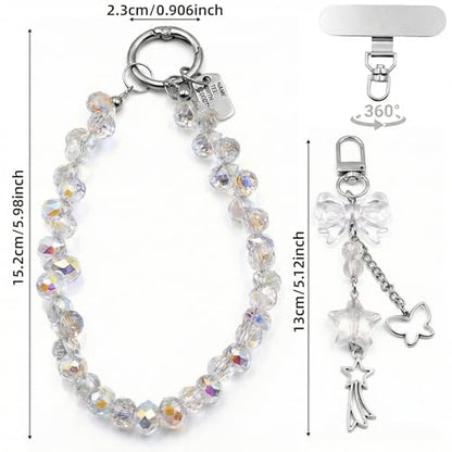 Crystal Beaded Phone Wrist Strap, Cute Cellphone Lanyard Chain, Bow Keychain Wristlet Bag Charms for Women - color: Bow/White