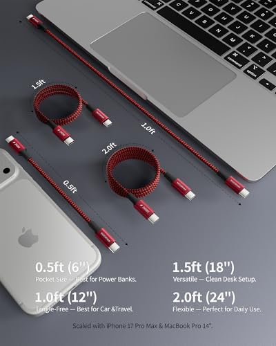2-Pack 1ft 240W USB C to C Cable, CarPlay Auto Connection - color: Red, size: 1 ft (12 in)