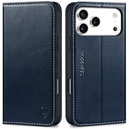 SHIELDON Genuine Leather Case Wallet for iPhone 17 Pro Max, Retro Dark Blue | Folio Design, Magnetic Closure, RFID Blocking, Credit Card Holder, Kickstand, Shock Absorbing Protective Cover - color: Retro Dark Blue