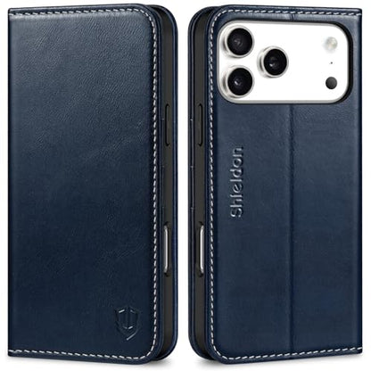 SHIELDON Genuine Leather Case Wallet for iPhone 17 Pro Max, Retro Dark Blue | Folio Design, Magnetic Closure, RFID Blocking, Credit Card Holder, Kickstand, Shock Absorbing Protective Cover - color: Retro Dark Blue