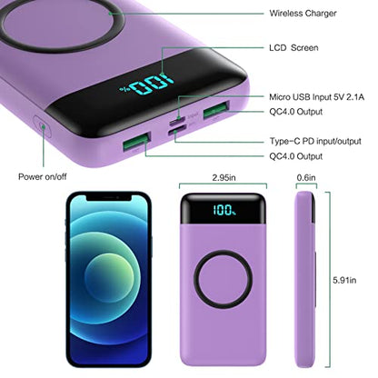 Wireless Portable Charger 30,800mAh,15W Wireless Charging USB C Power Bank,25W PD QC 4.0 Fast Charging 4 Outputs Travel Essentials Battery Pack Compatible with iPhone 17/16/15/14,Galaxy,Android-Purple - color: Purple