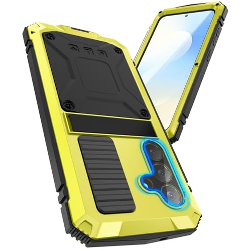 Simicoo for Samsung Galaxy S25 FE Metal Military Heavy Duty Case, Metallic Bumper Shockproof Dustproof Rugged Tough with Stand Screen Protector Camera Control Full Body Drop Protective Cover Yellow - color: Yellow