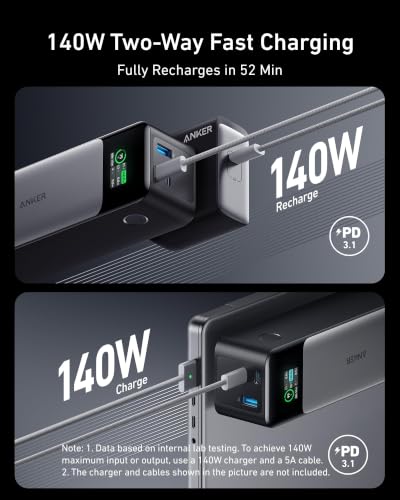 Anker 737 Power Bank, 140W 24,000mAh 3-Port Laptop Charger, Smart Display