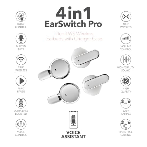 RCA EarSwitch Pro 4-in-1 Duo TWS Wireless Earbuds, Bluetooth 5.4 Open-Ear & in-Ear Dual Buds with LED Charging Case, Touch Control, Built-in Mic, 6H Playtime for Sport & Office (White) - color: White