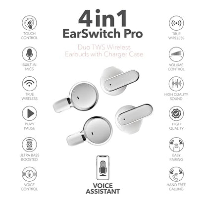 RCA EarSwitch Pro 4-in-1 Duo TWS Wireless Earbuds, Bluetooth 5.4 Open-Ear & in-Ear Dual Buds with LED Charging Case, Touch Control, Built-in Mic, 6H Playtime for Sport & Office (White) - color: White
