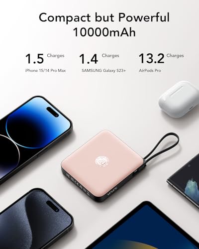 VRURC Portable Charger for iPhone Built-in Cables, Fast Charging Power Bank - color: Pink