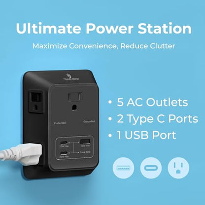 Travel Depot 5-Outlet Wall Outlet Extender with Surge Protector, (Black) - color: Black